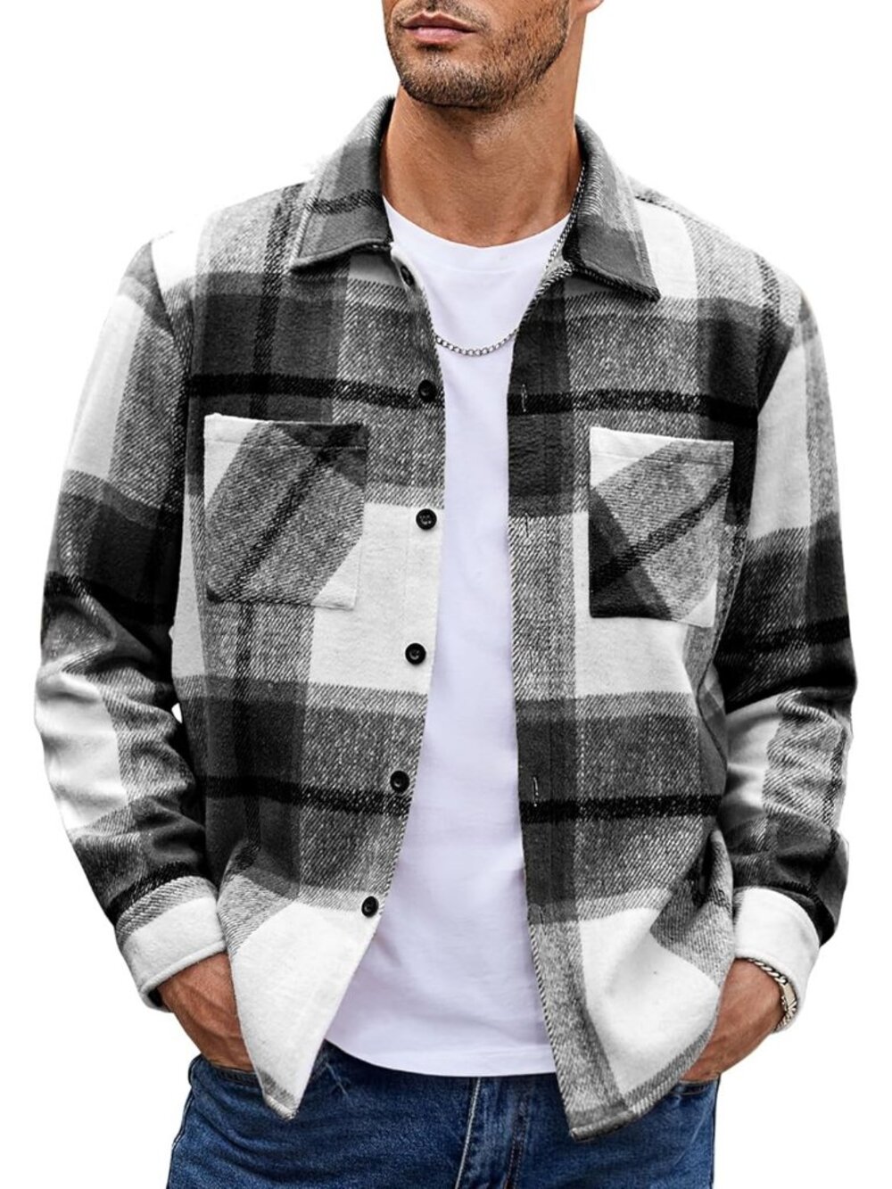 Men's Black Polyester Plaid Long Sleeve Casual Stylish Button Down Plaid Shirt